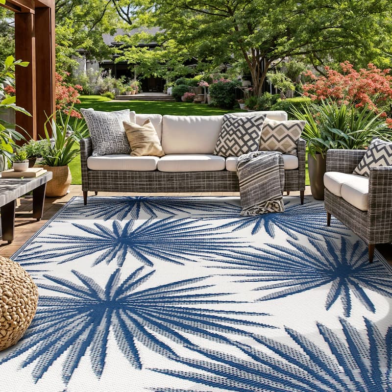 World Rug Gallery Floral Tropical Reversible Recycled Plastic Outdoor Rugs - 3'x5' - Navy