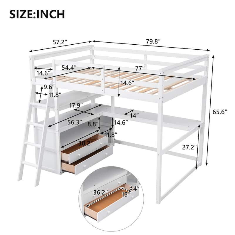 Full Size Loft Bed with Desk and Shelves,Two Built-in Drawers - Bed ...