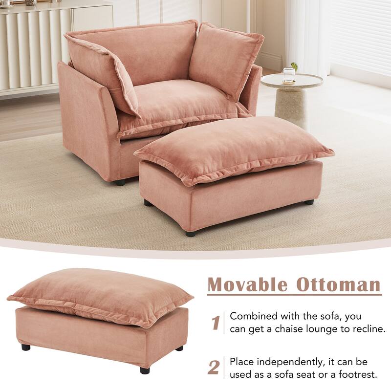 47" Cozy Upholstered Armchair with Movable Ottoman, Wide Seat, Curved Armrests and Soft Pillows