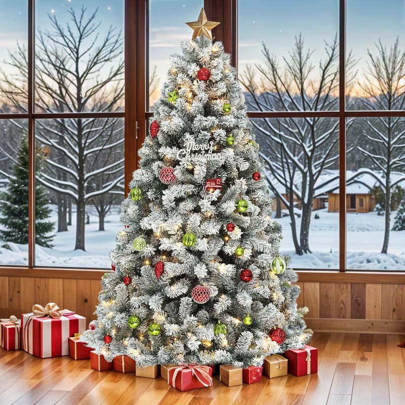 6 /7.5 /9 ft Prelit Snow Flocked Christmas Tree with Remote, 11 Light Modes & Foldable Base
