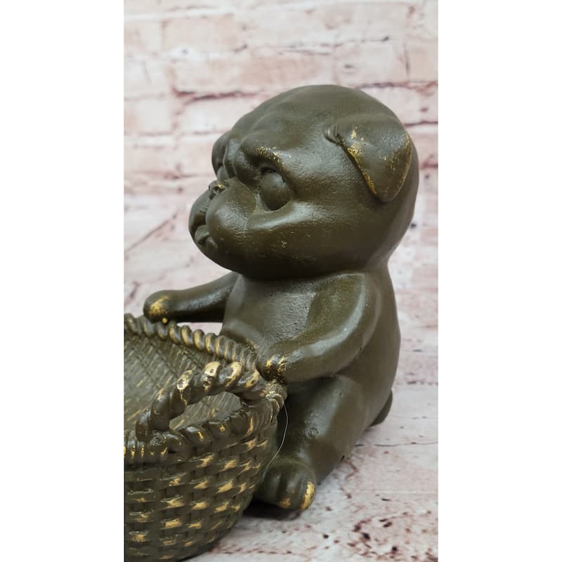 Bronze Pug In Basket Statue - Whimsical Imitative Dog Sculpture Decor