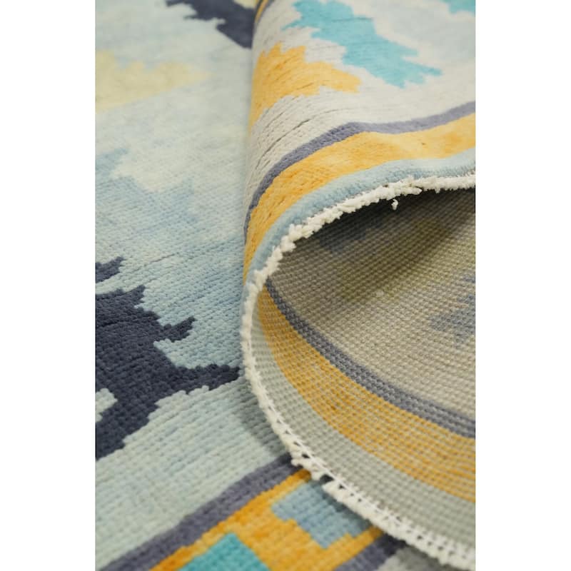 Hand Knotted Oriental 100% Wool Carpet Modern Geometric Navy Blue & Blues Gabbeh Area Rug - 9' 4'' X 8' 1''