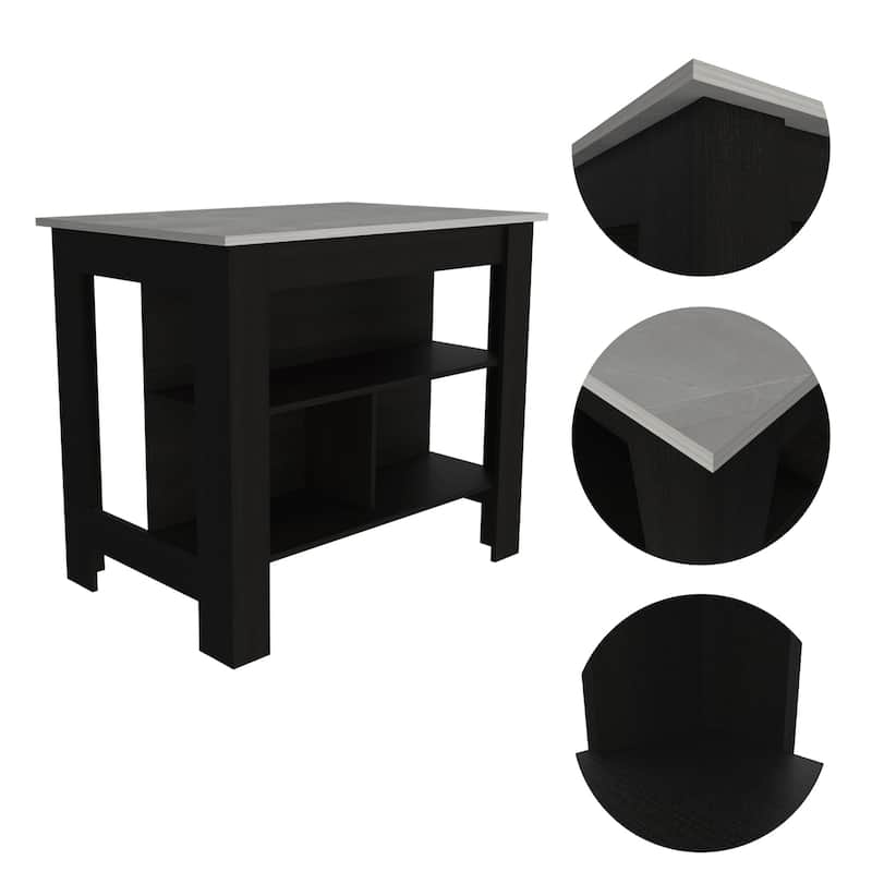 Two-Tone Kitchen Island with Large Tabletop, Open Shelves, and Legroom Workstation for Meal Prep or Display