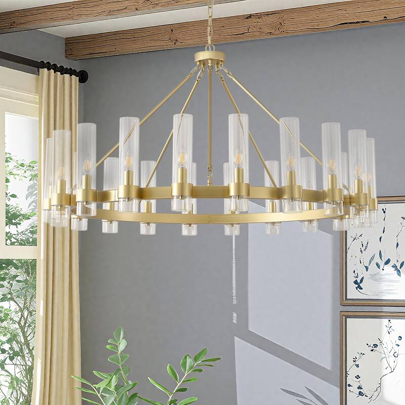 Modern 20 - Light Wheel Chandelier with Clear Glass Shade - Gold