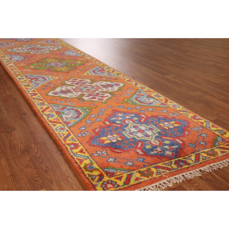 Orange Heriz Serapi Indian Runner Rug Handmade Geometric Wool Carpet - 2'6" x 9'11" - Orange - 2'6" x 9'11"