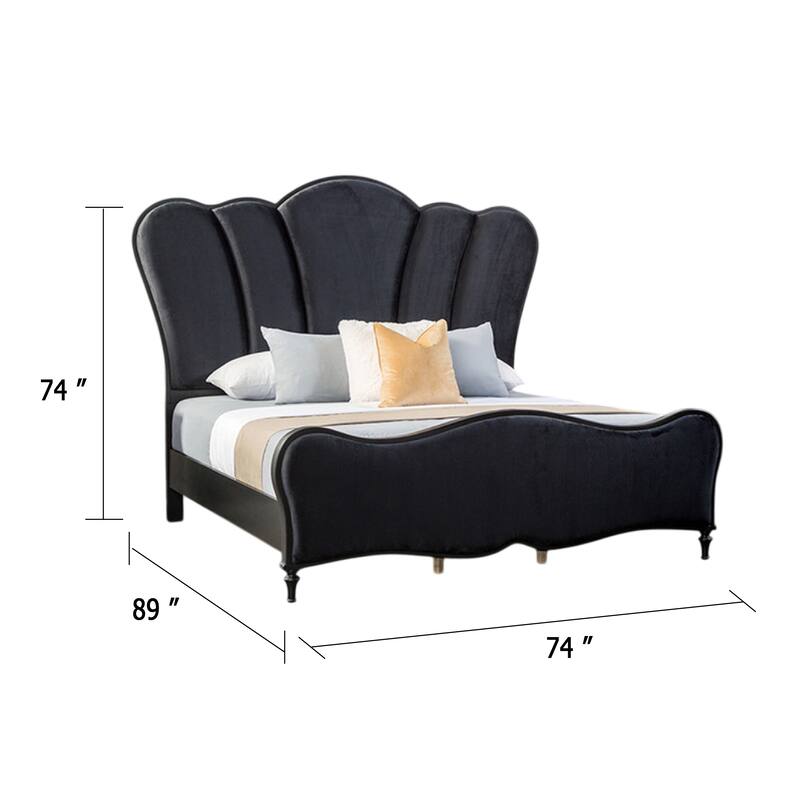 Eleena Queen Bed, Scalloped Padded Channel Tufting, Black Upholstery
