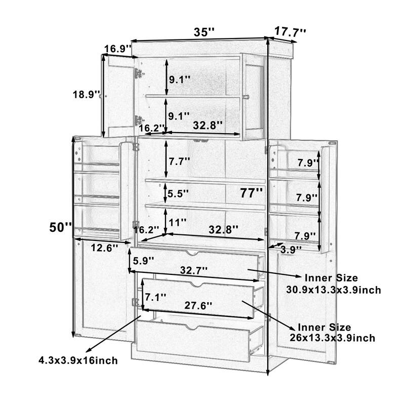 77 Inch Tall Kitchen Pantry Cabinet, Shaker Style Storage with Adjustable Shelves, Drawers, Door Shelves and Wine Racks