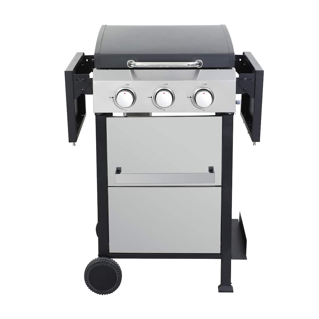 3 Burner BBQ Propane Gas Grill, Stainless Steel 36900 BTU Patio Garden Barbecue Grill with Two Foldable Shelves