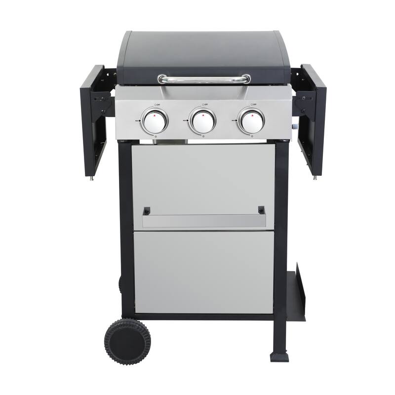 3-Burner Propane Gas BBQ Grill with Wire Enamel Cooking Grids and Foldable Side Table, Hanging Basket for Outdoor Barbecue
