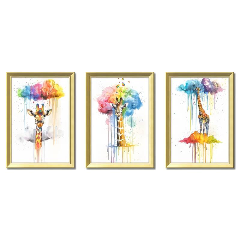 Set of 3 Colorful Giraffe Framed Wall Art - Replaceable Canvas Prints with Solid Wood Picture Frames, Creative Animal