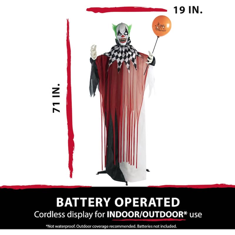 Haunted Hill Farm Life-Size Animatronic Clown, Indoor/Outdoor Halloween Decoration, Flashing Red Eyes, Poseable, Battery