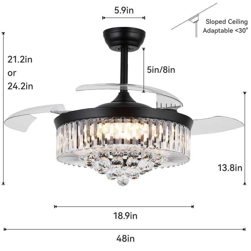 Kviflon 48'' Retractable Ceiling Fan with Lights and Remote 6 Speed, 3 Light Change Retractable Blade Chandelier Ceiling Fan