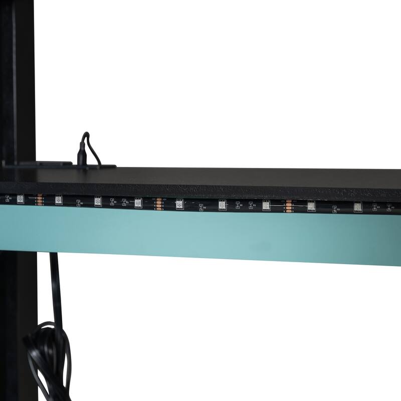 Gamer Full Size Loft Bed with Built-in Desk, RGB Light Strip, Storage Shelves, Hanging Rod and Side Wardrobe for Esports Gaming
