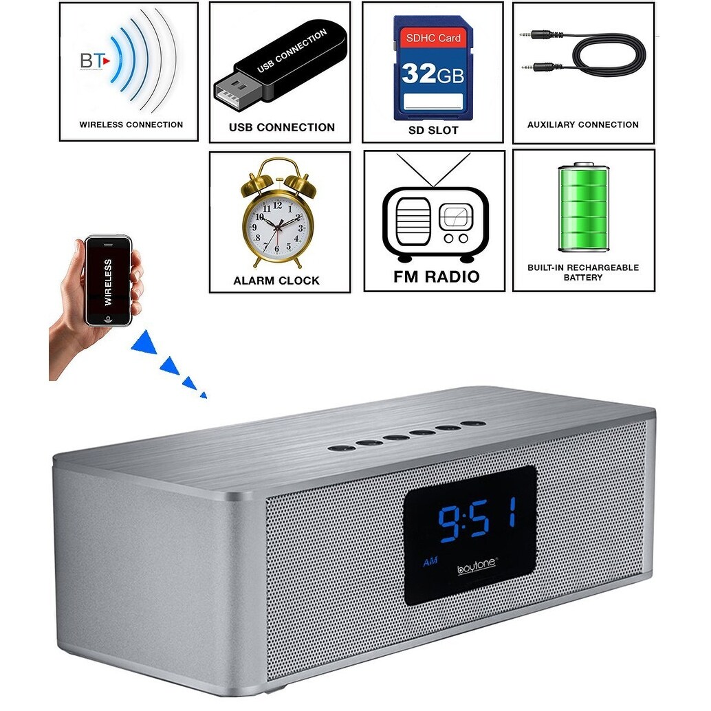 Boytone BT-87CR Dual Speaker Bluetooth Alarm Clock Radio FM Wireless USB SD NEW