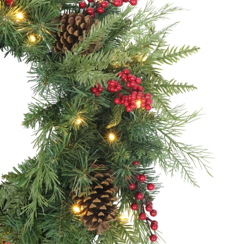 Puleo International 24" Pre-Lit Adorned Wreath Battery-Operated Warm White LED Lights