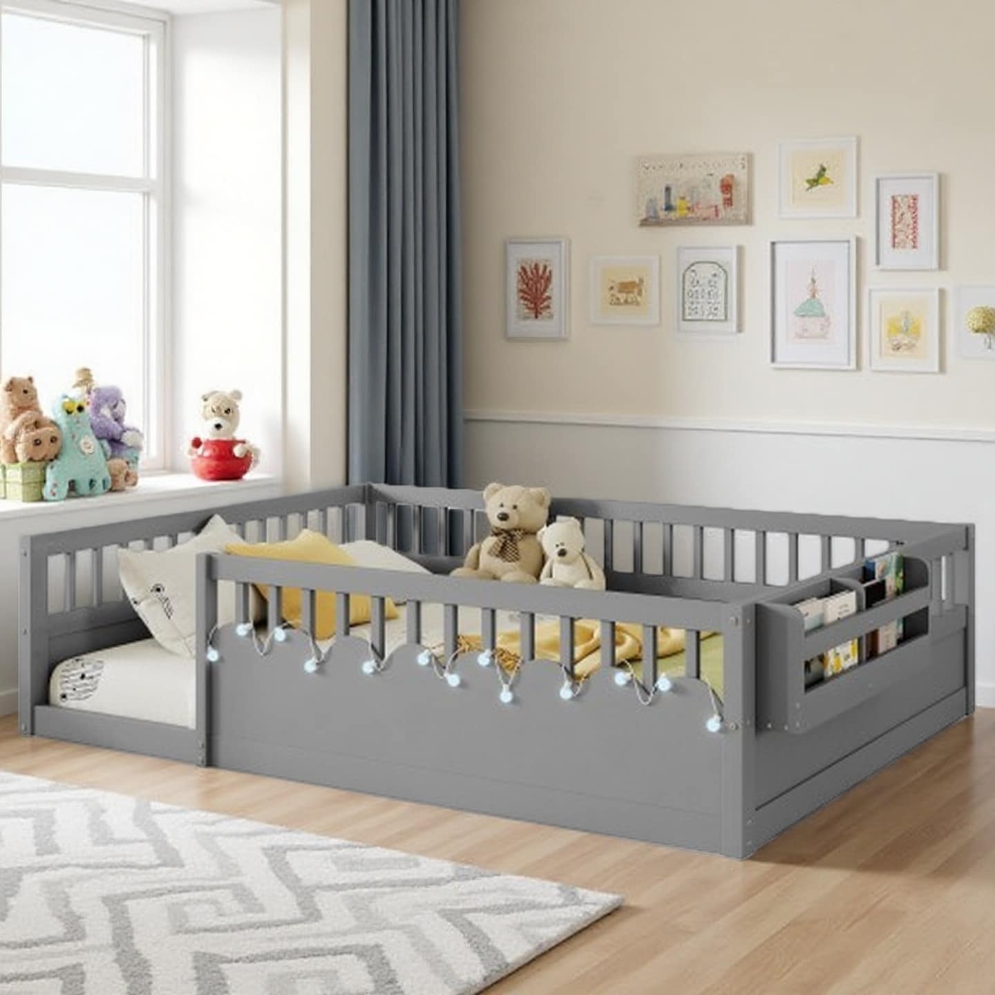 Twin Size Montessori-Style Floor Bed with High Safety Rails, Built-In Storage Shelf and Reading Light for Kids