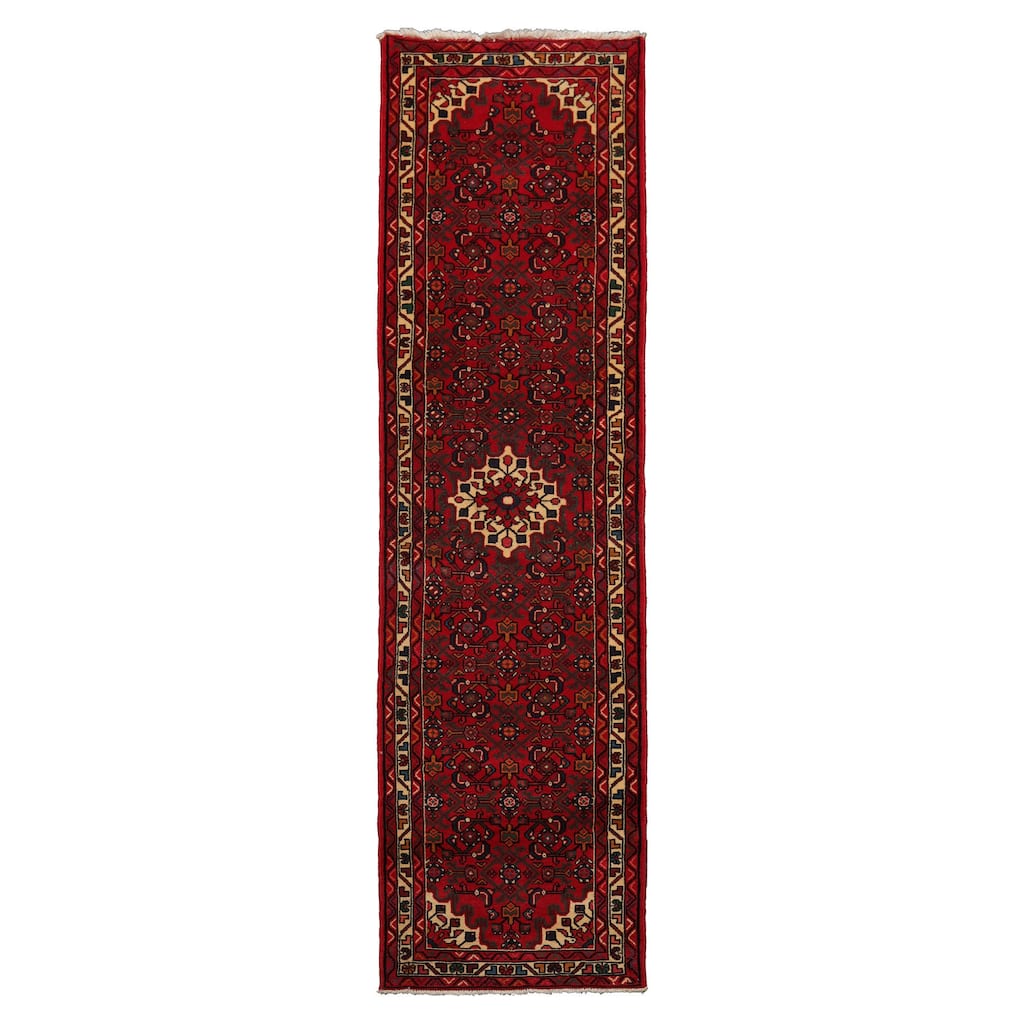 2'8''x9'8'' Runner Hand Knotted Wool Red Hamedan Traditional Rug - 2' 8'' x 9' 8''