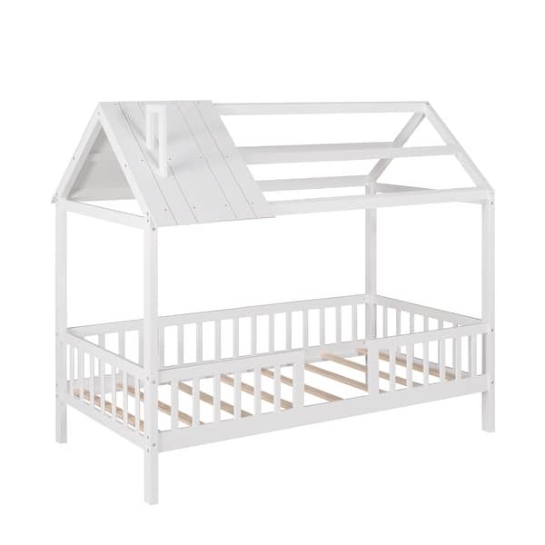 slide 2 of 36, Twin House Bed Wood Platform with Guardrail - Playful Design White