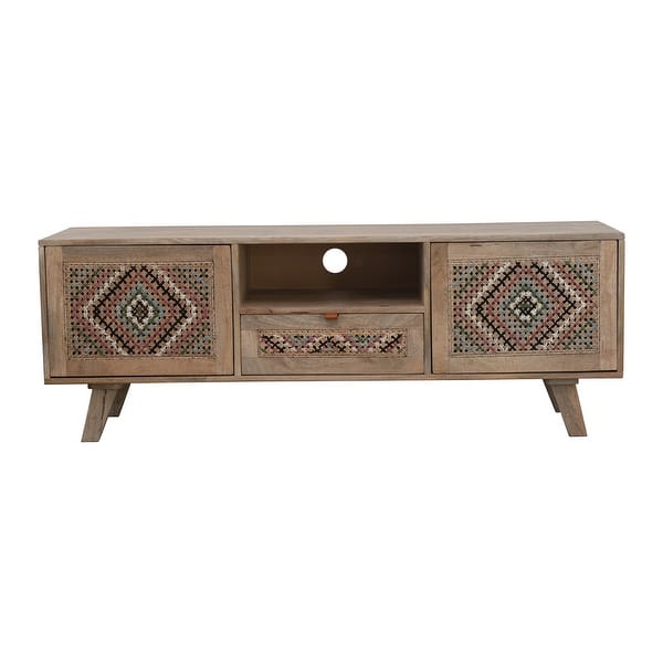 slide 2 of 7, Mango Wood & Cane Console Table with 2 Doors, 1 Drawer with Leather Pull, Natural Wood and Multi Color Woven Rope