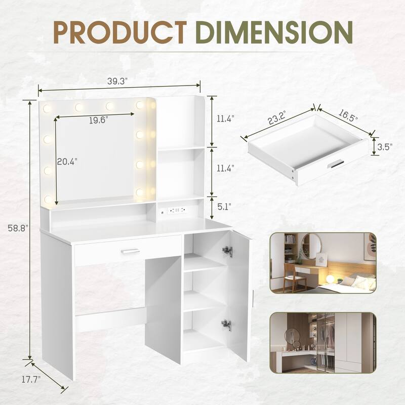 Furniwell Makeup Dresser Desk Table with Lighted Mirror,Vanity Desk with Charging Station, 1 Drawers, 10 LED Light