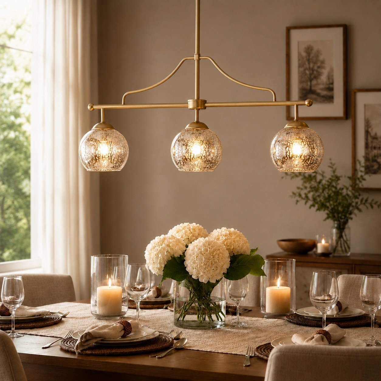 Ziv Mid-Century Modern 3-Light Gold Linear Chandelier Mercury Glass Island Lights for Dining Room - 28.5" L x 5.5" W x 13" H