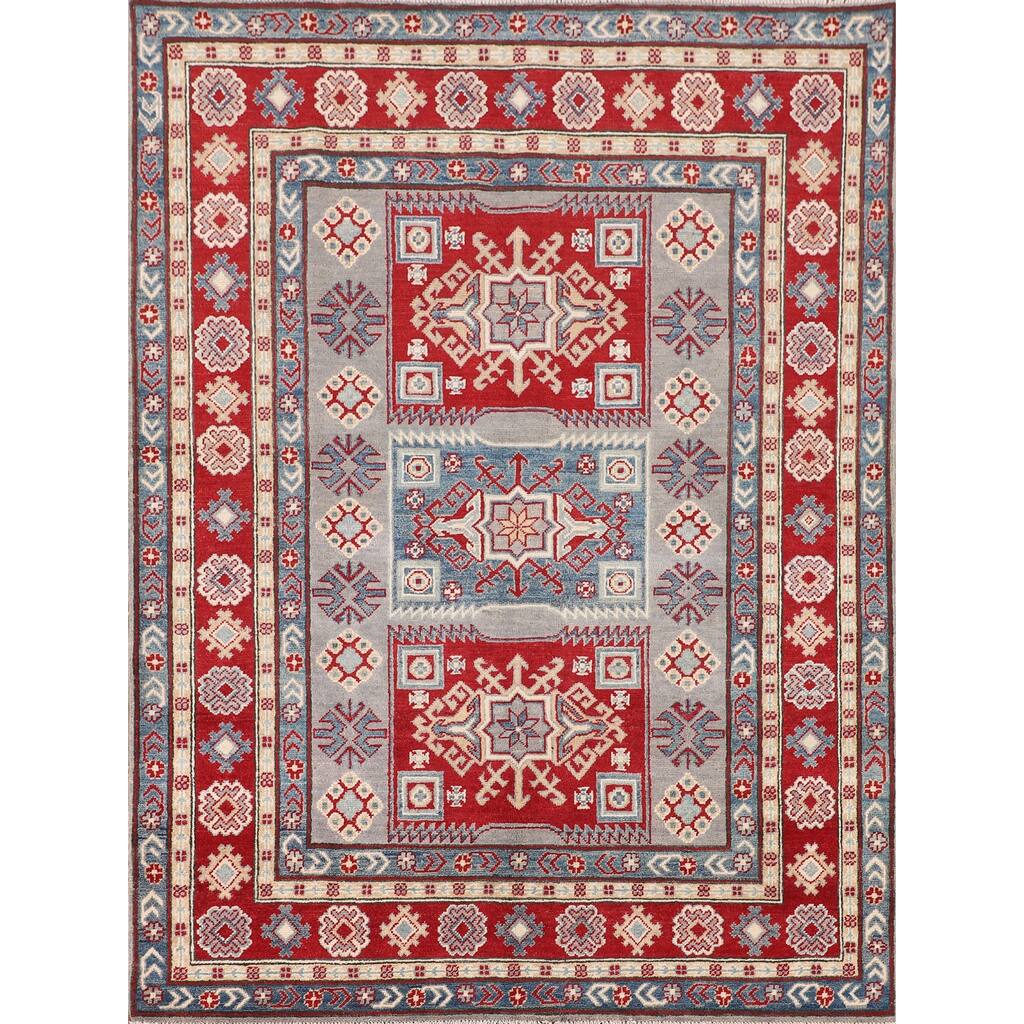 Kazak Oriental Area Rug Hand-Knotted Traditional Grey Wool Carpet - 5'0" x 6'7"