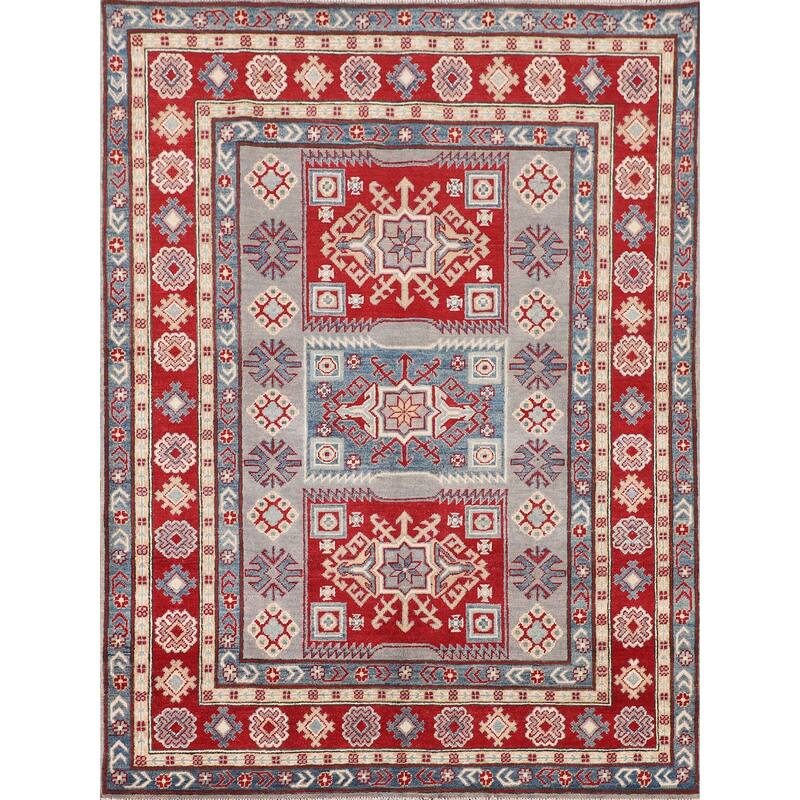 Kazak Oriental Area Rug Hand-Knotted Traditional Grey Wool Carpet - 5'0" x 6'7"