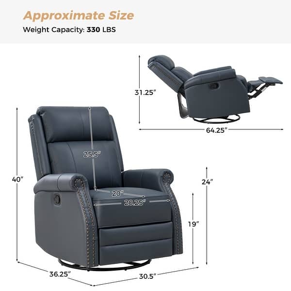 HULALA HOME Alina Modern 20''w Genuine Leather Swivel Rocker Nursery Manual Recliner Chair with Rolled Arms