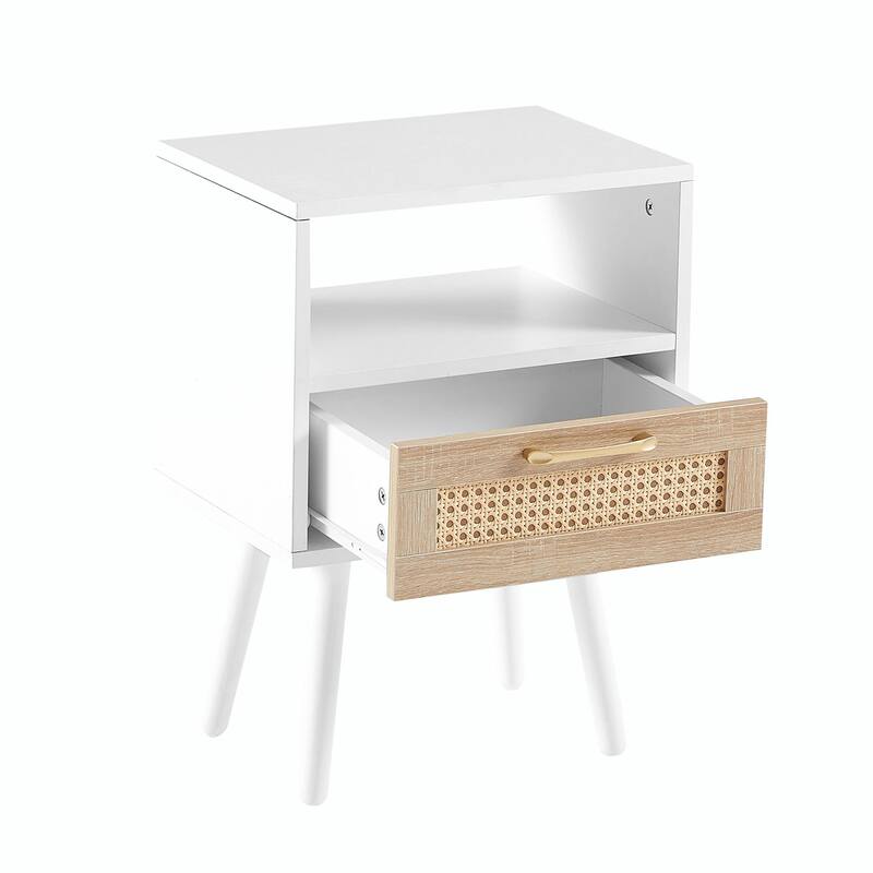 Rattan Nightstand with Drawer, Solid Wood Legs, 16"" Side Table