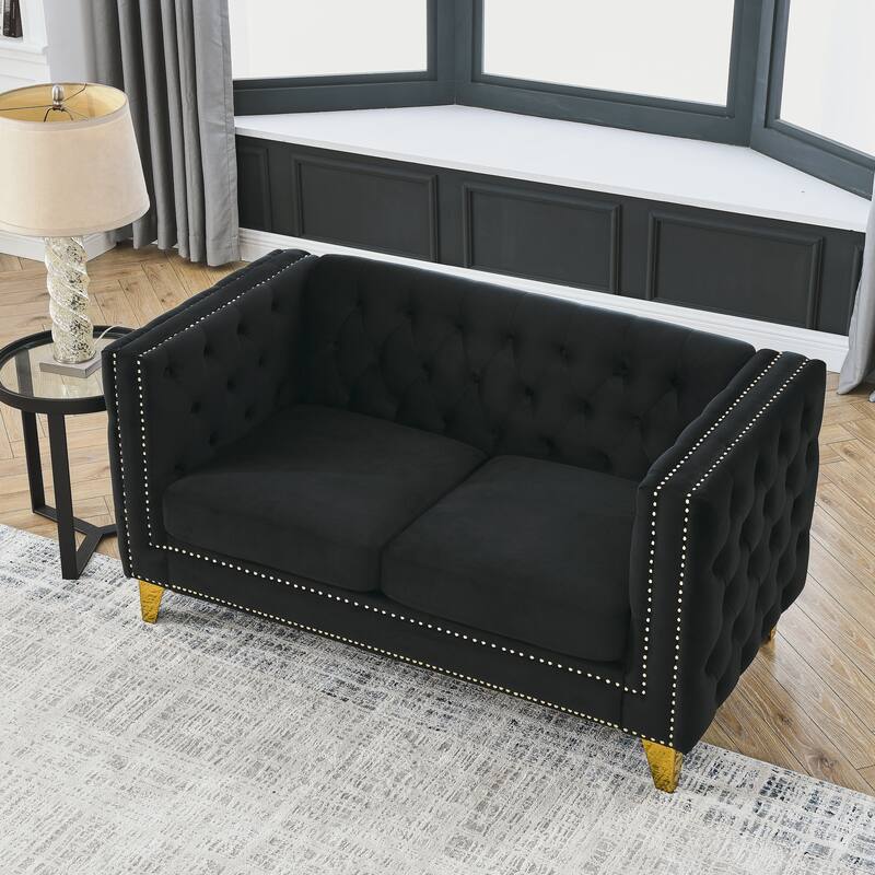 Modern 2-Seat Velvet Sofa with Nailhead Trim, Button Tufting, and Metal Legs