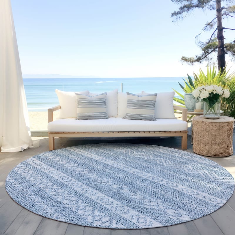 Machine Washable Indoor/ Outdoor Chantille Boho Stripes Rug - Blue - 8' x 8'