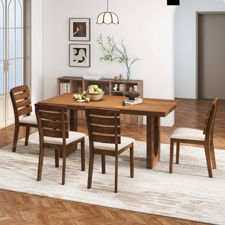 Natural and Beige Rubber Wood Dining Chair Set of 2 with Slatted Backrest, Sponge Cushion - 22.5” x 17.5” x 35.5”