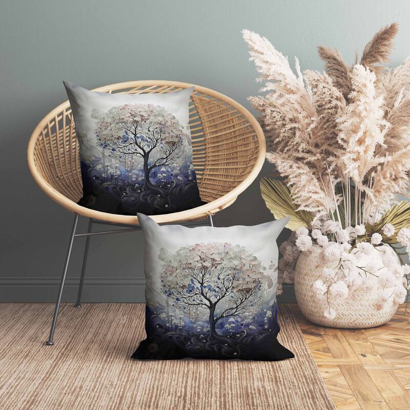 Beautiful Tree of Life Faux Suede Reversible Throw Pillow Blue and Beige