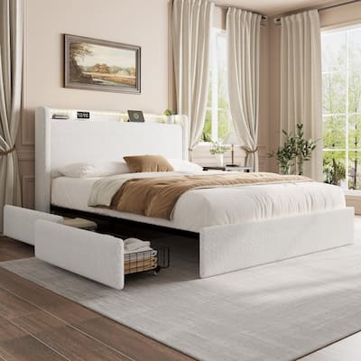 Boucle Bed Frame, LED Light Headboard/4 Storage Drawers/Charging Station