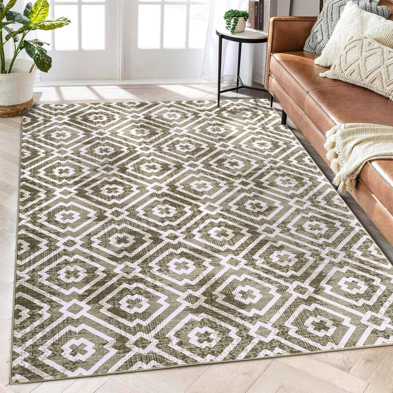 Geometric Area Rugs for Living Room Bedroom Distressed Washable Accent Rug Non-Slip Low Pile Carpet - 4'x6' - Light Brown