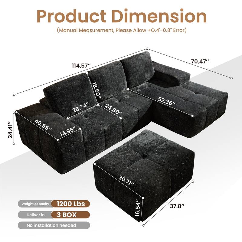 HOOOWOOO Modern Sparkly Velvet Fabric Chaise Sofa Couch with Ottoman