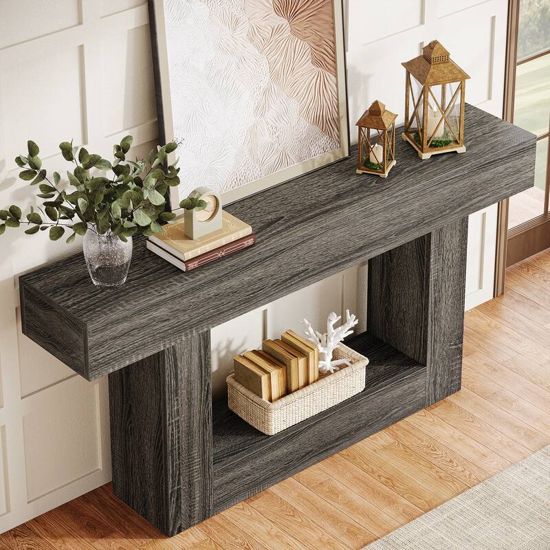 Farmhouse 2 Tiers Console Table Entryway Table with U-Shaped Base