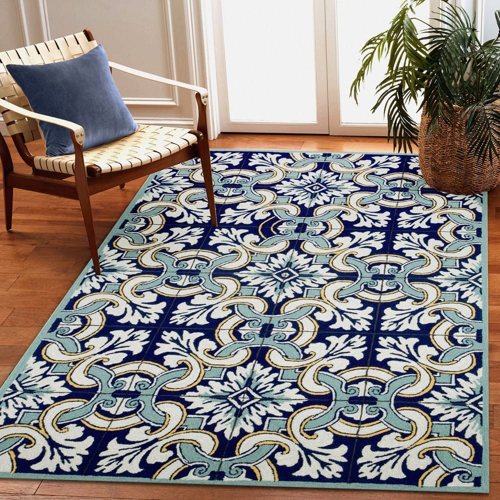 Liora Manne Ravella Floral Tile Indoor/Outdoor Rug Navy 7'6" x 9'6"