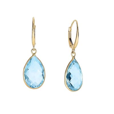 Curata 14k Yellow Gold 30x15mm Shiny Long Drop Dangle Earrings 15x10mm Tear Drop Briolette Blue Topaz Lever Back Clasp