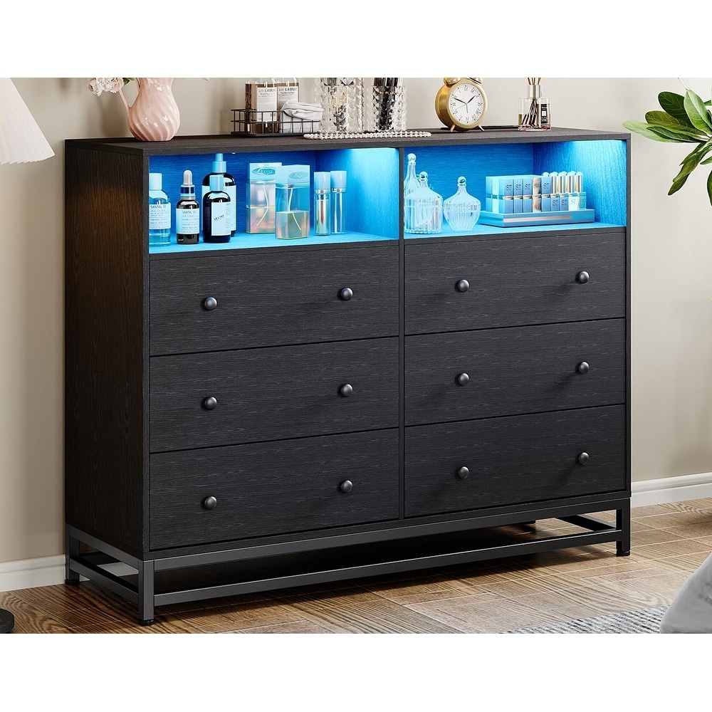 6 Drawers Black Dresser for Bedroom, 47" Modern Wide Storage Cabinet with LED Light, Wooden Chest for Living Room