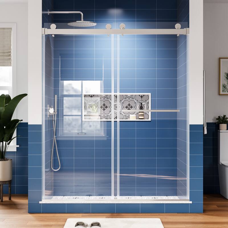 59 in. W x 72 in. H Sliding Frameless Shower Door with Tempered Glass - 59" x 72" - Brushed Nickel