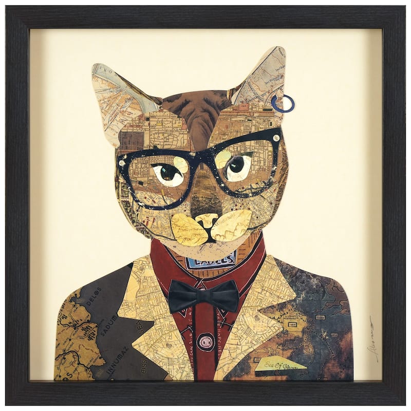 Empire Art "Funky Cat 2" Alex Zeng's dimensional collage, under glass & a black shadow box frame