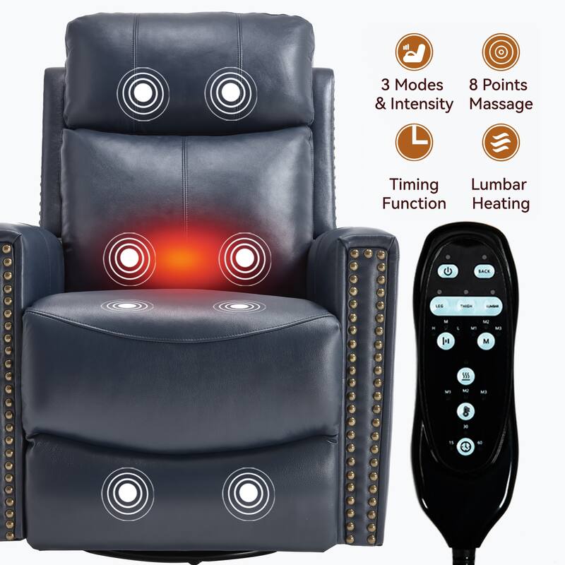 One Piece Genuine Leather Recliner Chair with Massage Heat Rocker and Swivel