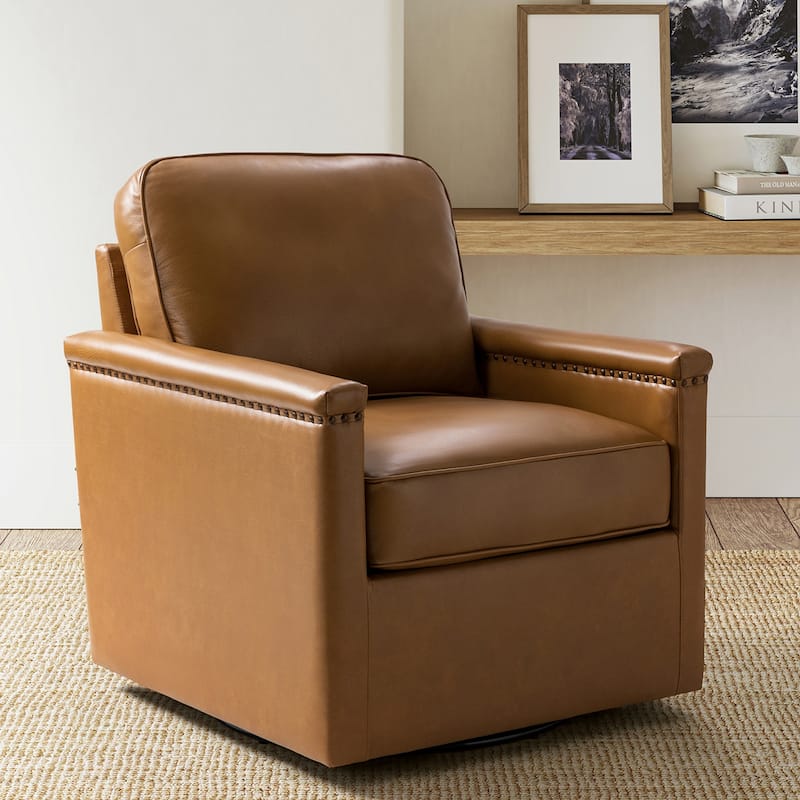 Rita Classic Genuine Leather Swivel Armchair With Nailhead Trims By HULALA HOME