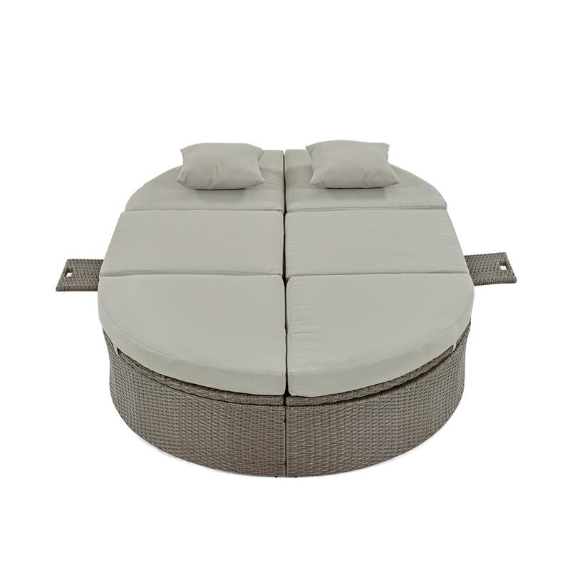 Rattan Patio 2-Person Daybed, Outdoor Sun Bed with Cushions and Pillows, Recliner with Adjustable Back and Foldable Cup Trays