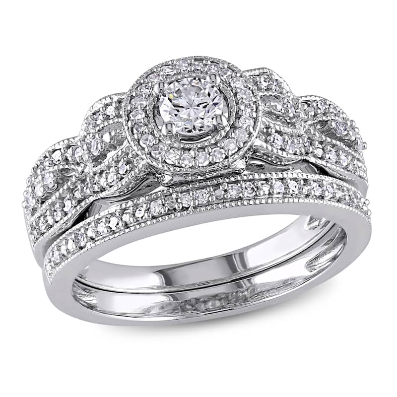 Miadora 10k White Gold 1/2ct TDW Diamond Halo Anniversary-style Bridal Ring Set