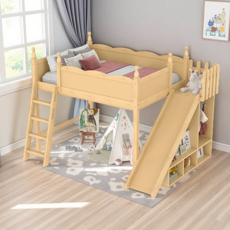 Twin Loft Bed with Detachable Slide, Storage Shelves & Built-in Wardrobe, Solid Wood Kids Loft Bed Frame