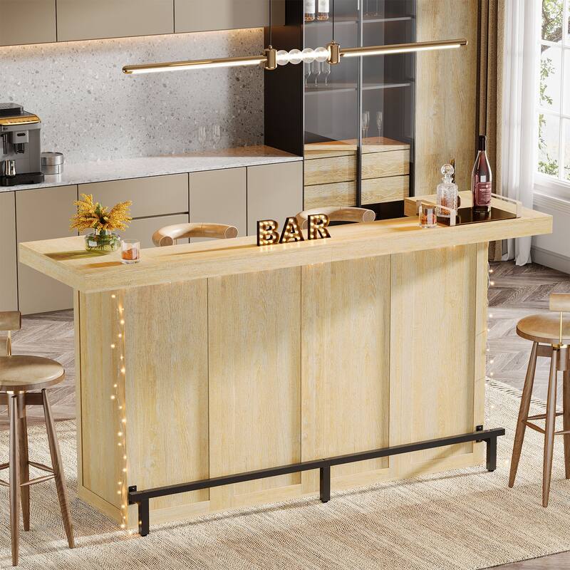 70.9" Wooden Home Bar Table with Wine Glass Holder, Pub Storage Unit Accent Table for Home Patio Basement - Oak