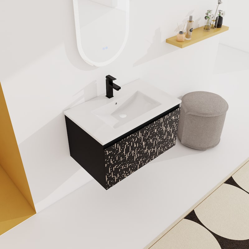 Modern 30'' Wall-Mounted Vanity with Ceramic Sink & Triple Soft-Close Cabinet Doors