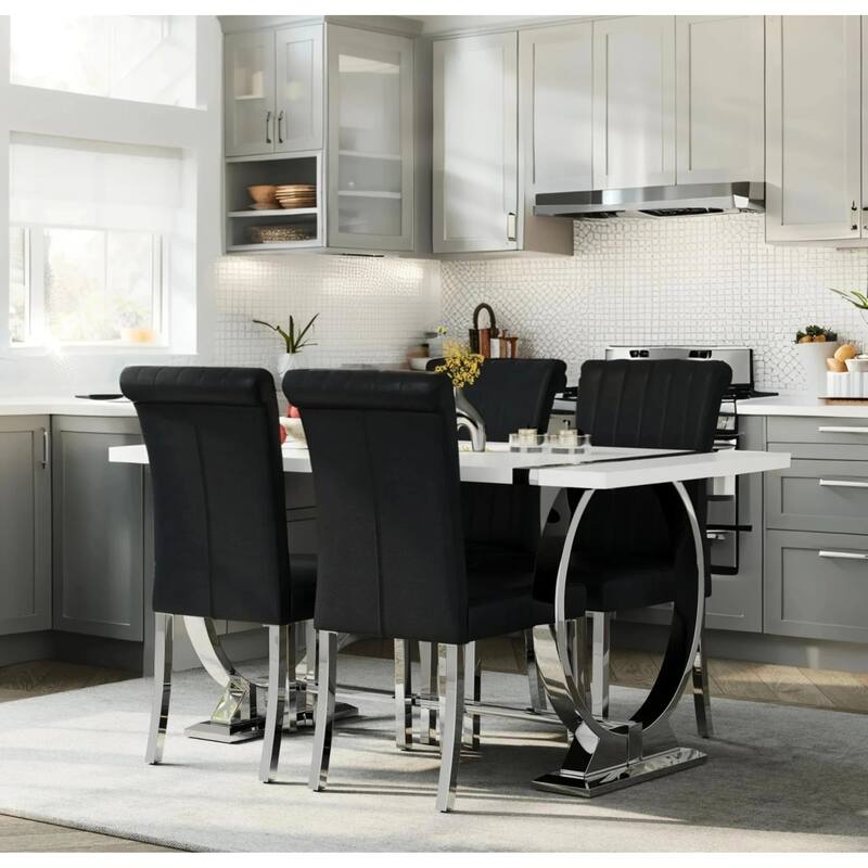 Luxury PU Leather Parsons Dining Chairs Side Chairs with Rolled Back and Stainless Steel Legs